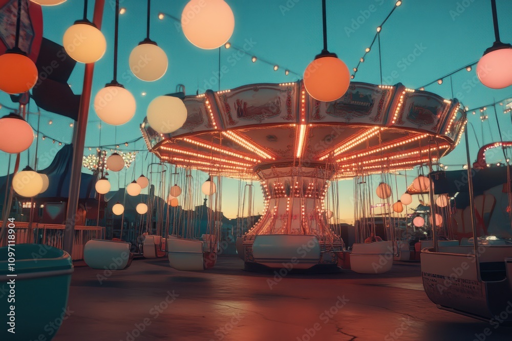 Aufkleber a vibrant carousel illuminated by colorful lights at dusk, evoking a sense of nostalgia and joy.