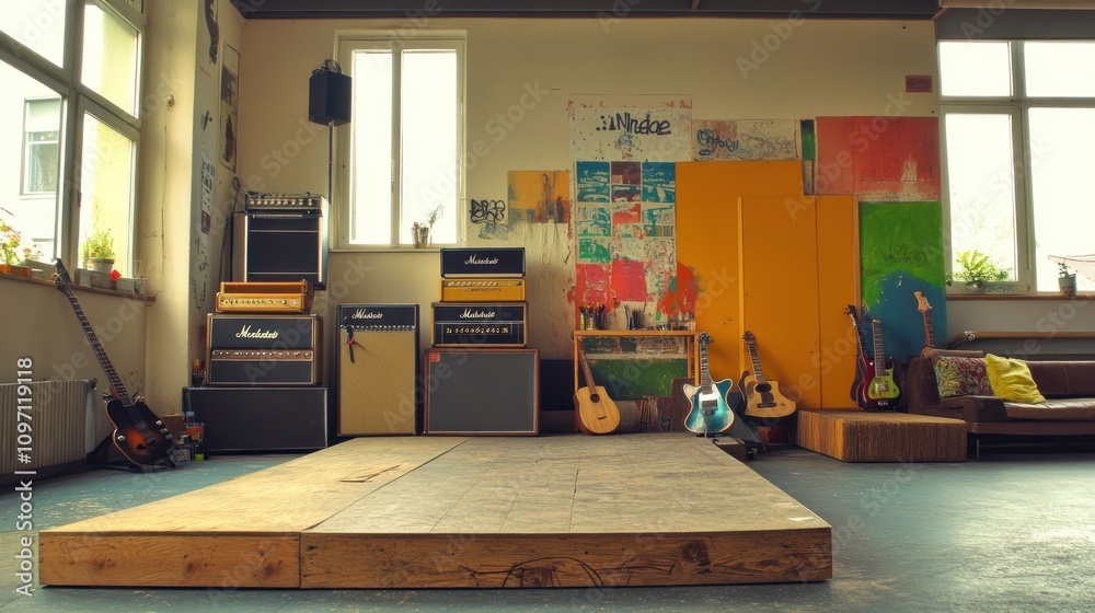 Poster A music rehearsal space featuring amplifiers and various guitars on display.