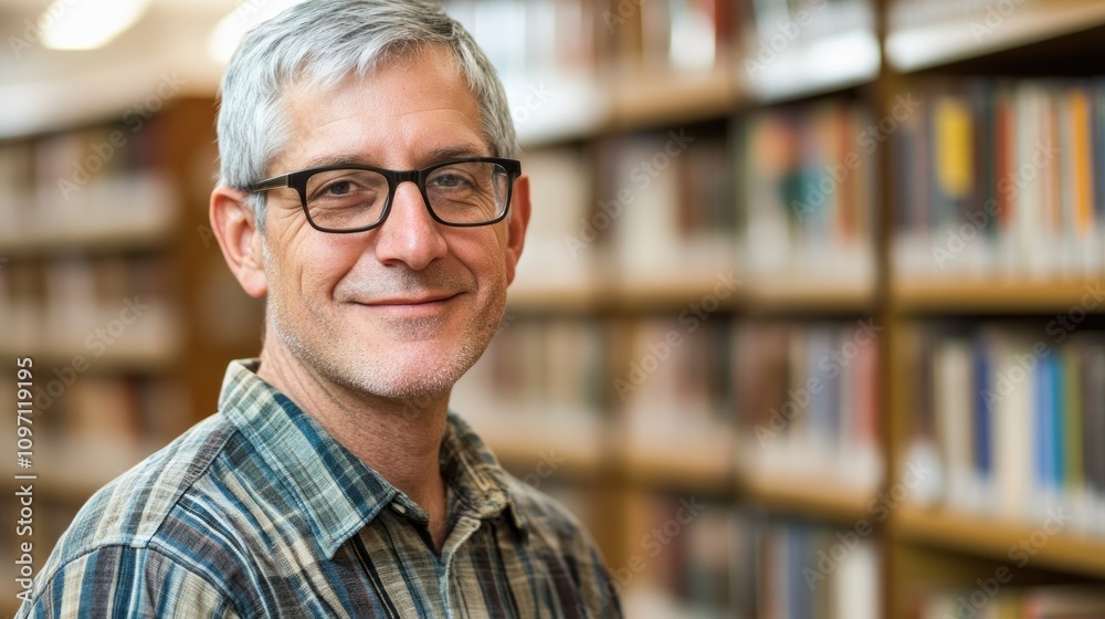 Poster a smiling man in glasses stands in front of bookshelves in a library.