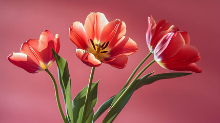 Fototapeta premium Tulips in spring isolated on a pink background. Copy space image. Place for adding text and design.illustration