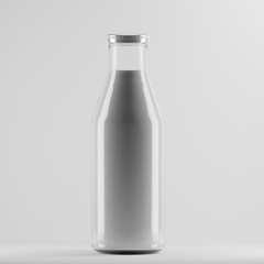 A classic glass milk bottle stands filled with milk, capped with a silver lid. Set against a clean white background, the image emphasizes the purity and simplicity of the dairy product.