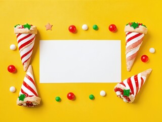 Obraz premium Festive dessert cones decorated with colorful candy on bright yellow background