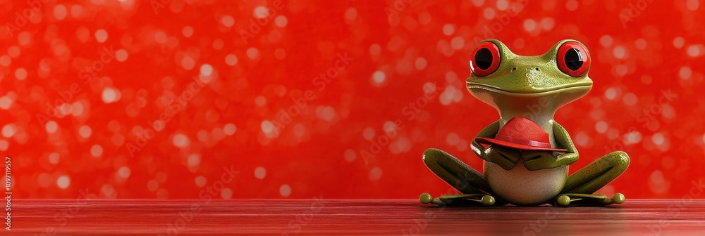 Poster a cheerful cartoon frog holding a red object against a vibrant red background.