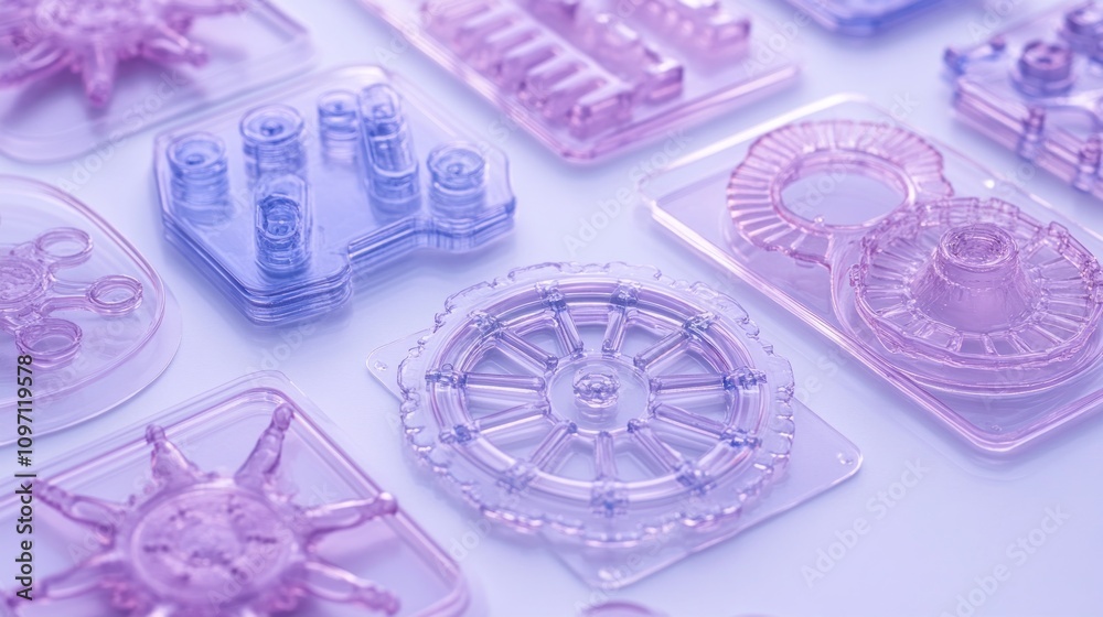 Poster purple plastic objects arranged on a light background