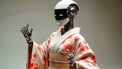 Robot in kimono performs Japanese dance. Metal humanoid figure in floral yukata. Modern tech meets tradition. AI and culture blend. Unique image for design advertising.