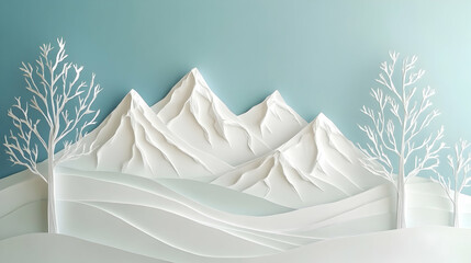 Whimsical paper landscape with snow-capped mountain peaks and delicate paper trees.illustration