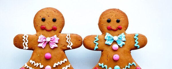 Gingerbread cookies decorated with colorful icing and candy for a festive celebration