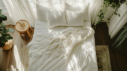 White Bed with Pillows and Duvet from Above.illustration