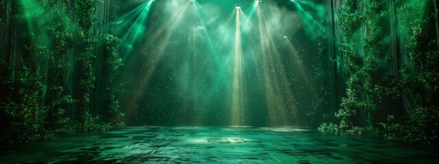 Stage with green lights and mist creates a mysterious atmosphere. Concept of fantasy or nature-themed performance space. For scenography design inspiration