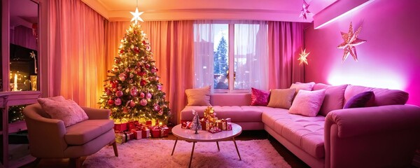 Cozy living room decorated for Christmas with a colorful tree and soft lighting in the evening glow
