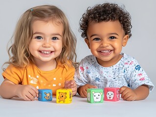 Two toddlers playing together with oversized colorful wooden blocks, creating fun patterns on a pristine white background 