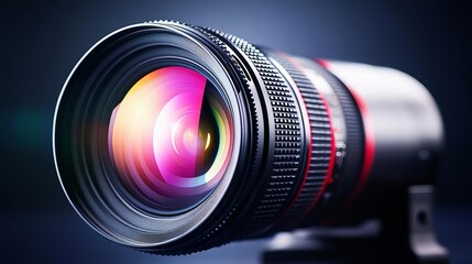 A lens in a cinematic setup, reflecting a vibrant studio environment with detailed flares, lens studio setup, film-inspired