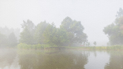 Foggy day with trees and a lake