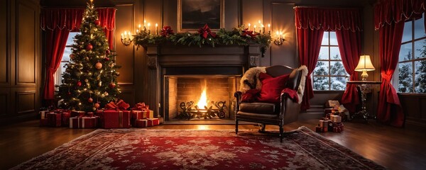 Warm and cozy Christmas living room with a fireplace, tree, and festive decorations