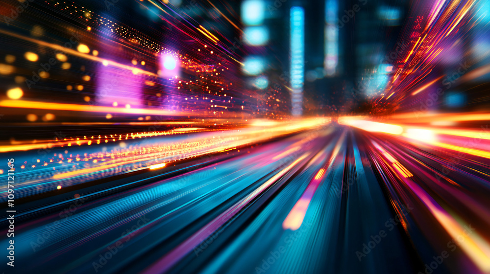 Poster abstract colorful light trails speeding through a city at night, symbolizing data transfer and futur