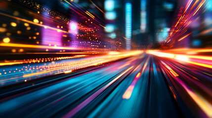Abstract colorful light trails speeding through a city at night, symbolizing data transfer and futuristic technology