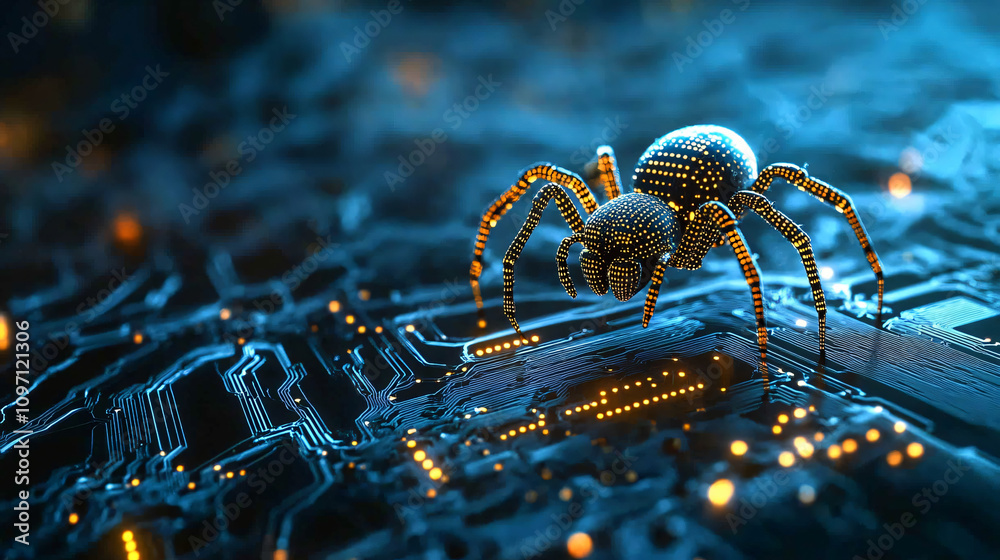 Aufkleber digital spider navigating through electronic circuit board, symbolizing online risks and cybersecuri
