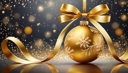 Elegant gold Christmas ball adorned with a shimmering ribbon and intricate bow, perfect for holiday decorations and festive designs, isolated on a soft, neutral background.