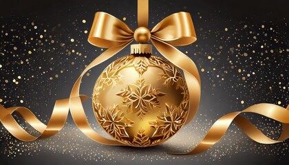 Elegant gold Christmas ball adorned with a shimmering ribbon and a perfectly tied bow, isolated against a clean background, symbolizing festive cheer and holiday celebrations.
