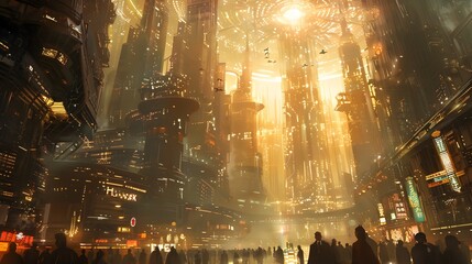 Obraz premium Summer Solstice Sun Ignites Surreal Cityscape Vibrancy