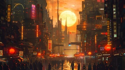 Fototapeta premium Summer Solstice Sun Ignites Surreal Cityscape with Vibrant Neon Life