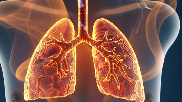 A computer-generated image of human lungs with highlighted structures, depicting a smoking effect.