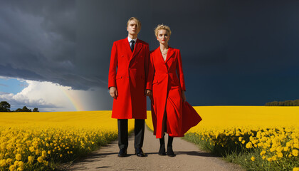 Red Couple's Journey Through Golden Fields Under Stormy Rainbow Sky - stiff and awkward pose