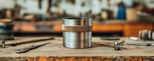 A metal lens surrounded by tools in a workshop, capturing the craftsmanship in progress, lens in workshop, mechanical focus