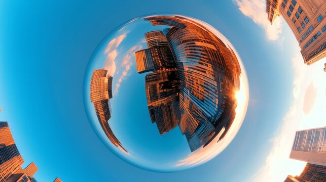 A metallic fish-eye lens with curved reflections of an urban cityscape, fish-eye lens urban, wide-angle creativity