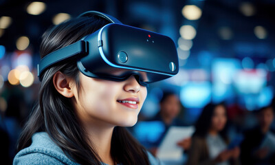 Young woman using virtual reality goggles, immersed in digital world, showcasing excitement and curiosity in vibrant environment