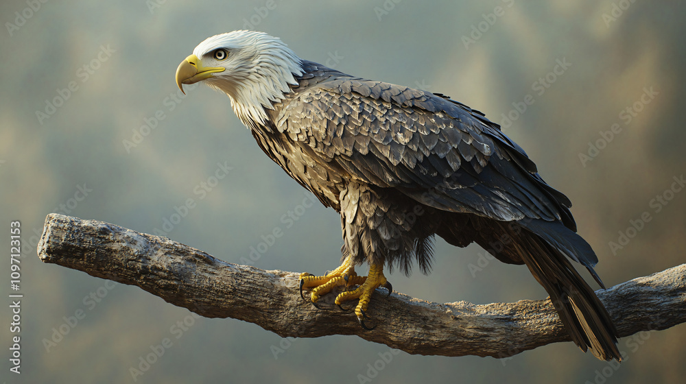 Poster majestic bird of prey perched on branch, emanating power and independence against a soft natural bac