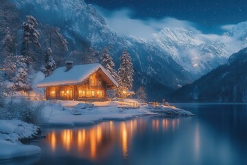 Fototapeta premium starry night envelops a snow-capped mountain range, with a cozy house glowing in the distance. soft, ethereal light illuminates the sky, creating a dreamy, tranquil atmosphere in a winter wonderland
