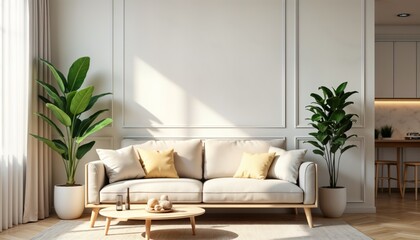 Modern apartment living room interior design. Beige sofa sits on wooden floor. Sunlight streams through window. Stylish plants add coziness. Minimalist coffee table. Open kitchen visible. Home decor.