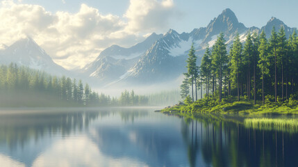 Fototapeta premium Serene lake reflects the sunlight, showcasing a magnificent mountain range and creating a stunning natural vista