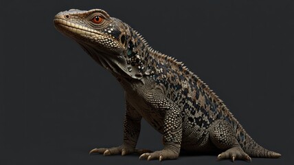 Obraz premium A detailed close-up of a lizard, perched on a dark background, showcasing its intricate scales and vibrant eyes.