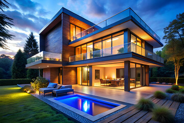 Fototapeta premium A modern house with large glass windows, a sleek design, and a cozy pool area, illuminated at dusk, surrounded by greenery.