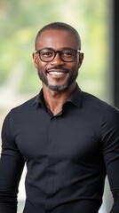 Obraz premium Smiling man with glasses wearing a casual black shirt in an urban setting during daytime