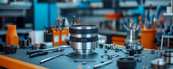 An industrial workbench with tools surrounding a metal lens being assembled, lens workshop, craftsmanship focus