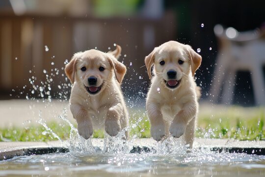 Playful puppies splashing in a shallow pool, perfect for lively and fun visuals.