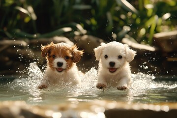 Playful puppies splashing in a shallow pool, perfect for lively and fun visuals.