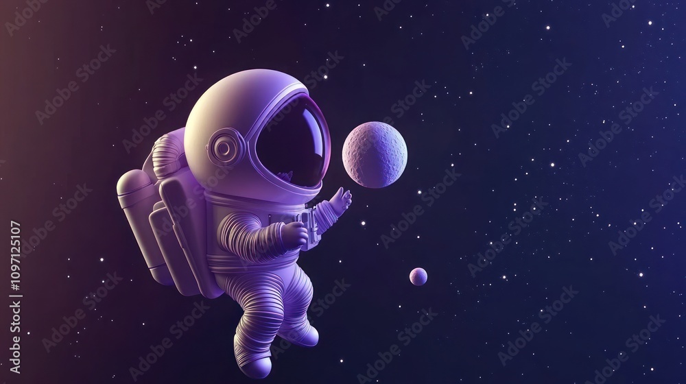 Aufkleber An astronaut floating in space, interacting with small celestial bodies.
