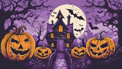 Stylish Graphic T-Shirt Design Featuring a Halloween Haunted House and Pumpkin Heads with a Violet Background, Perfect for Spooky Season Fashion or Unique Apparel Artwork ()
