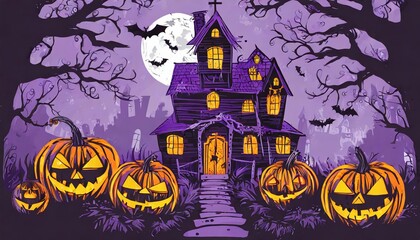 Fototapeta premium Haunted Halloween T-Shirt Graphic Design Featuring a Spooky Haunted House, Pumpkin Heads, and Violet Background with Eerie Details Perfect for Seasonal Apparel or Festive Decorative Prints