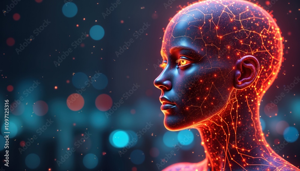 Leinwandbilder AI human head glows with circuit lines. Futuristic concept shows digital tech. Artificial intelligence system design. Quantum vision future network. Cybernetic cyborg silhouette. Modern virtual