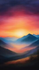 Vibrant sunrise over rolling mountains with soft hues and misty valleys