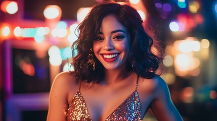 Smiling Woman in a Glittering Dress at Night