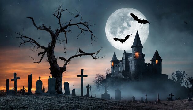Eerie Graveyard Path to Castle Under Full Moonlight with Spooky Atmosphere, Haunted Vibes, Dead Trees, Flying Bats, and Dark Shadows in a Chilling Night Scene with Ominous Tones
