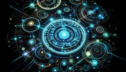 Fototapeta premium Neon gears and cogs rotating seamlessly in dark mechanical space, glowing with energy
