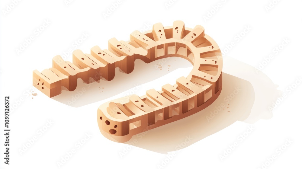 Aufkleber a stylized wooden structure resembling a curved block with cutouts.