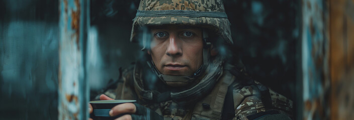 Obraz premium Soldier looking through window while holding coffee mug